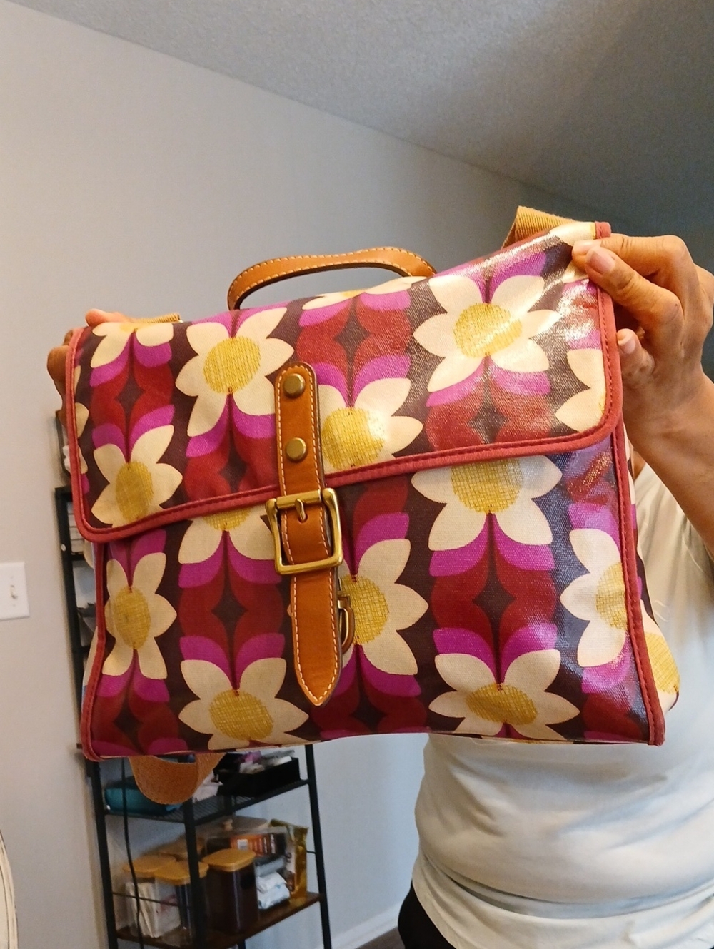 Floral Canvas Crossbody Bag in Purple and Brown